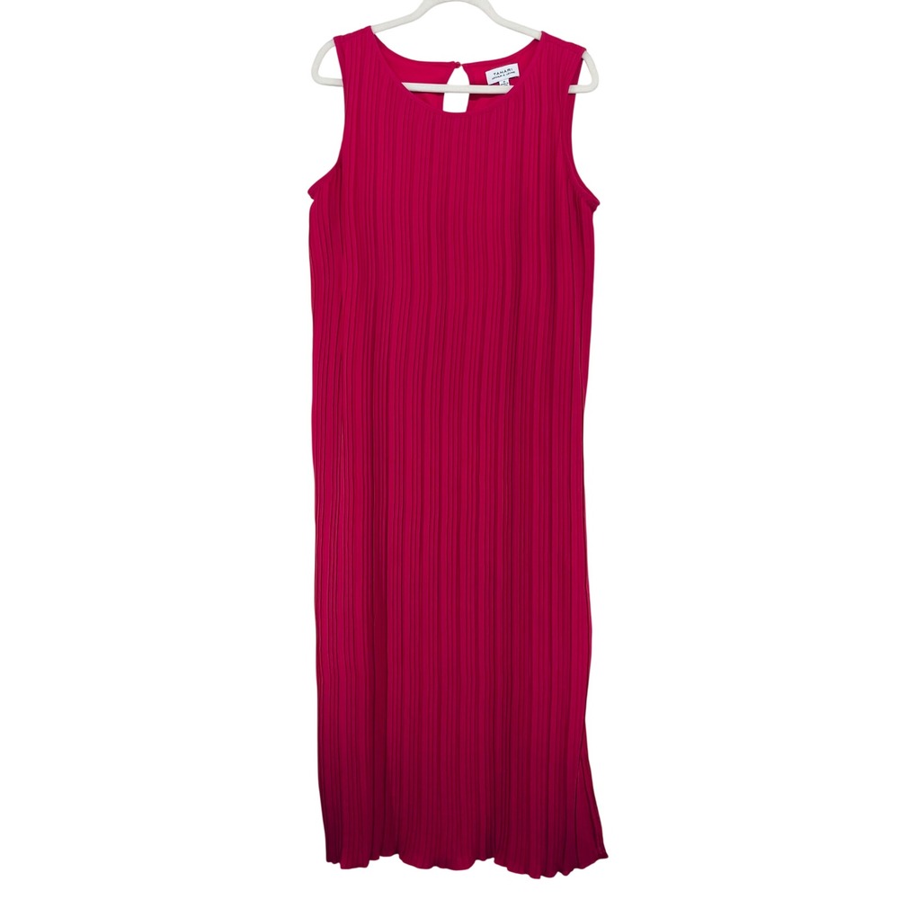 Tahari Size M Maxi Dress Magenta Pink Accordion Pleat Sleeveless Lined Womens